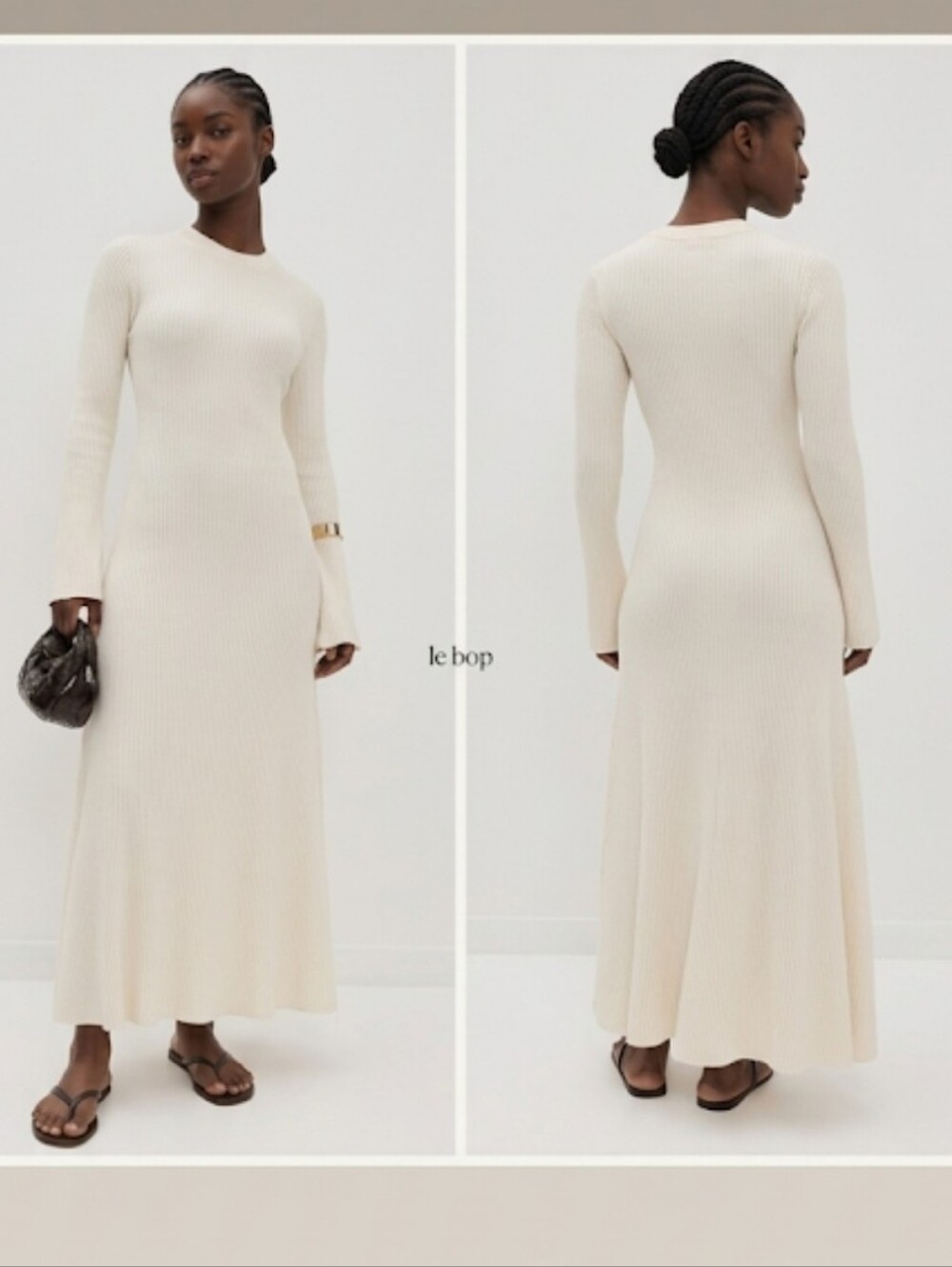 NEW LE BOP Crew Neck Ribbed Knit Cream Long Sleeve Maxi Dress Size Large